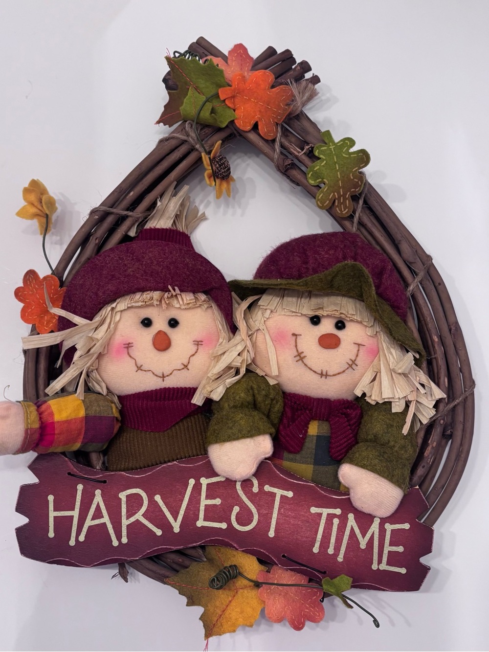 Harvest Time Fall Wreath with Burgundy & Olive Scarecrows